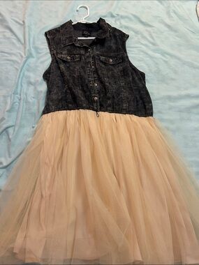 Girls Black Denim Bodice & Cream Tulle Dress